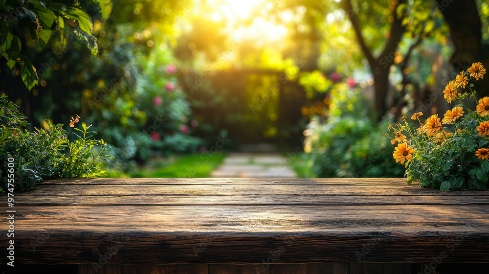 Rustic Wooden Table Top with Lush Green Garden Background, Perfect for Product Display and Outdoor Themes in Bright Sunlight Rustic Wooden Table Top with Lush Green Garden Background, Perfect for Product Display and Outdoor Themes in Bright Sunlight
