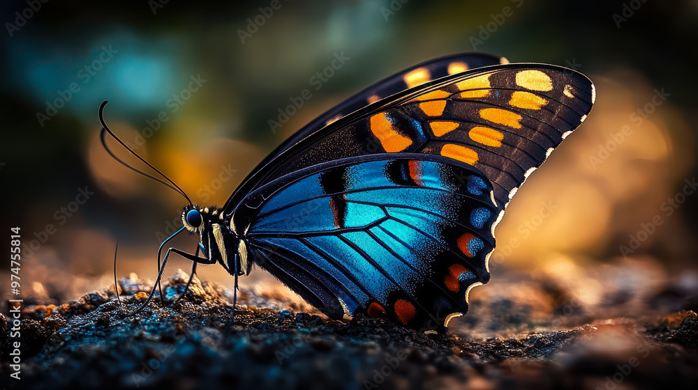 Obraz premium Elegant Blue and Black Butterfly Resting on Ground with Beautiful Bokeh Background in Nature, Perfect for Wildlife and Insect Enthusiasts