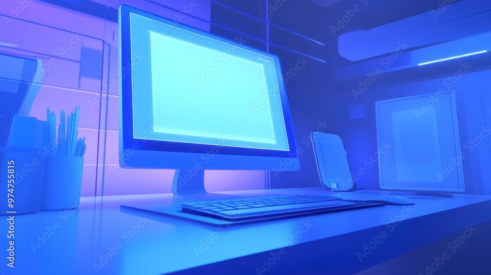 A modern workspace featuring a computer and tablet with a futuristic design. A modern workspace featuring a computer and tablet with a futuristic design.
