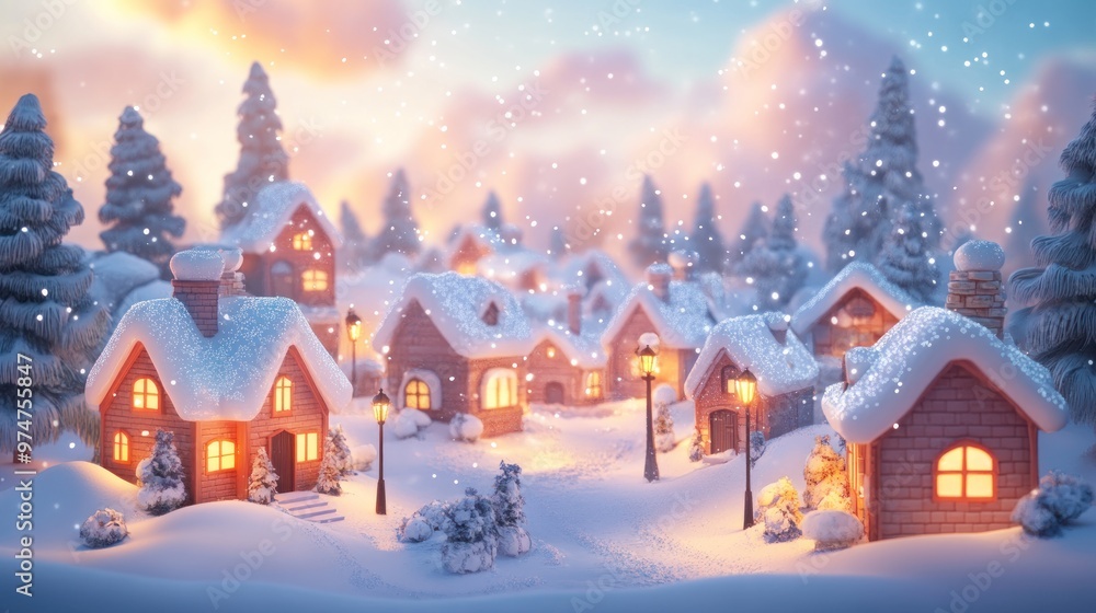 A Cozy Winter Village at Dusk with Snowfall A Cozy Winter Village at Dusk with Snowfall