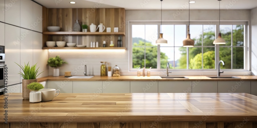 Empty Wooden Countertop in Modern Kitchen with Window View, Kitchen Interior, Counter Design, Wood Grain Empty Wooden Countertop in Modern Kitchen with Window View, Kitchen Interior, Counter Design, Wood Grain