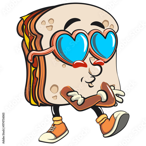 sandwich bread cartoon character mascot retro vector design wearing heart shaped beach sunglasses, work of hand drawn