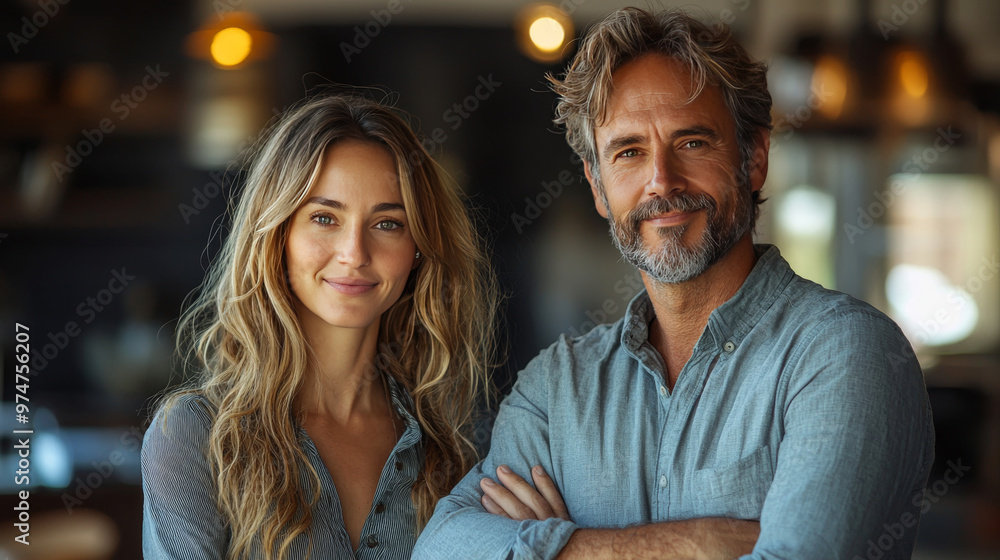 Fototapeta premium Smiling couple standing together in a casual setting.