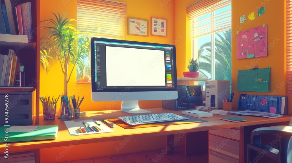 A vibrant workspace with a computer, stationery, and plants, designed for creativity. A vibrant workspace with a computer, stationery, and plants, designed for creativity.