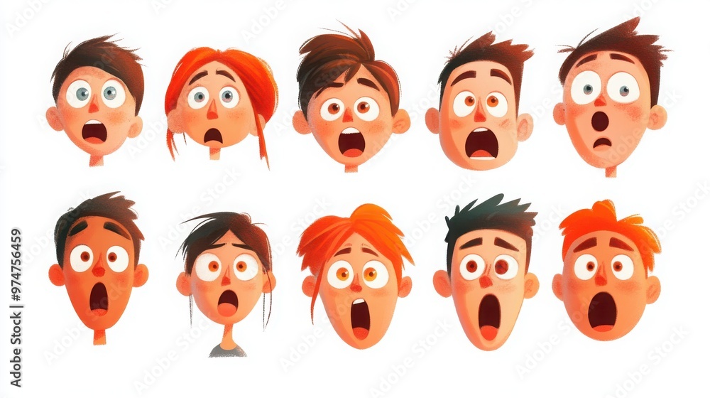 A series of characters with expressive faces, each showing emotions like surprise, sadness, or relief in a clean, minimalist style, white background A series of characters with expressive faces, each showing emotions like surprise, sadness, or relief in a clean, minimalist style, white background
