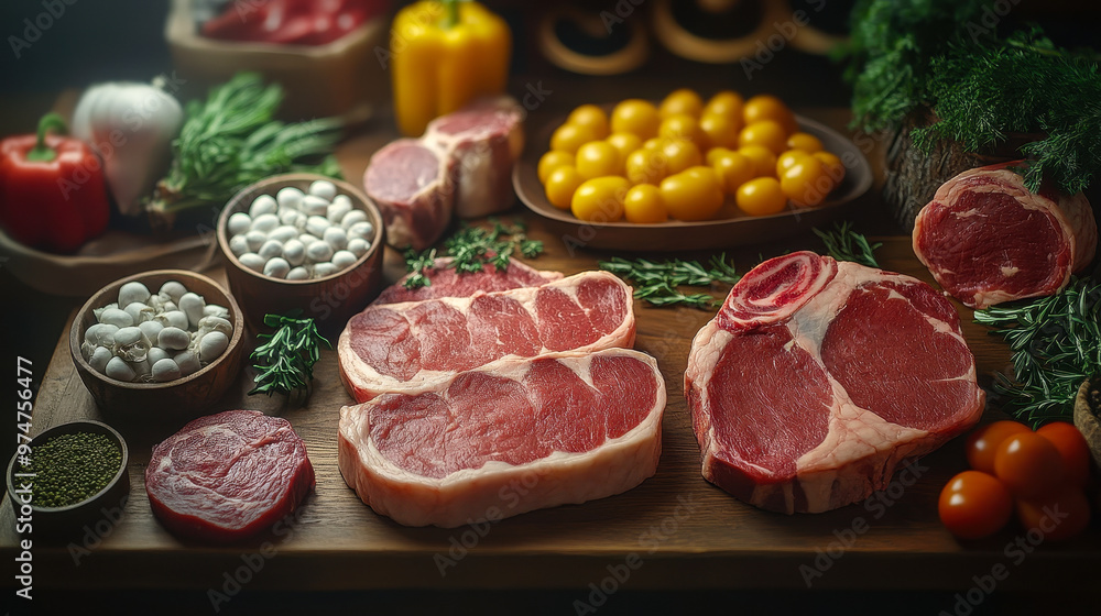 Pristine Selection of Fresh Cut Meats with Vibrant Vegetables and Herbs in Butcher's Shop, Carnivore's Paradise Pristine Selection of Fresh Cut Meats with Vibrant Vegetables and Herbs in Butcher's Shop, Carnivore's Paradise