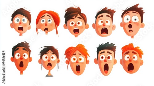 A series of characters with expressive faces, each showing emotions like surprise, sadness, or relief in a clean, minimalist style, white background 