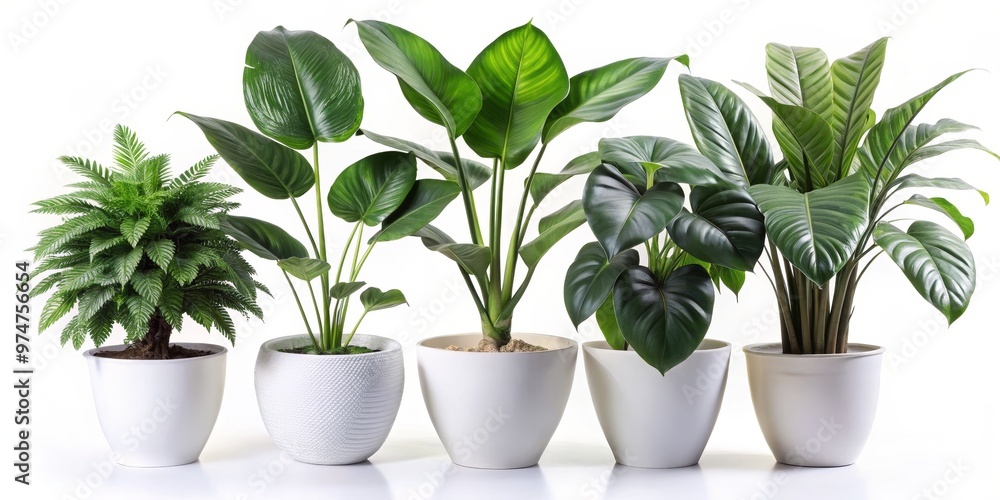 Four Green Plants in White Pots, White Background, Potted Plants, Indoor Plants, Home Decor Four Green Plants in White Pots, White Background, Potted Plants, Indoor Plants, Home Decor