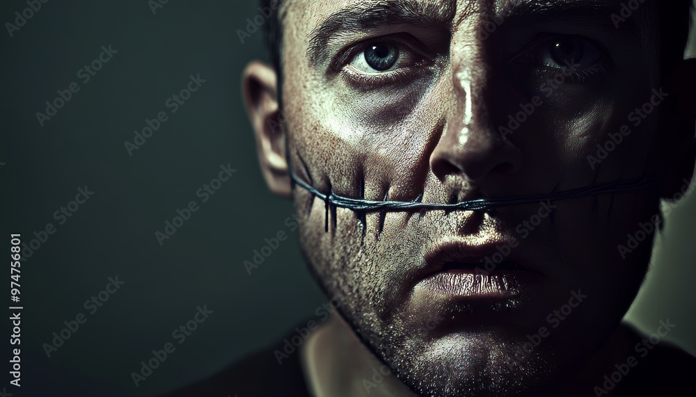 A man with sewn shut mouth symbolizing the suppression of voting rights and democracy A man with sewn shut mouth symbolizing the suppression of voting rights and democracy
