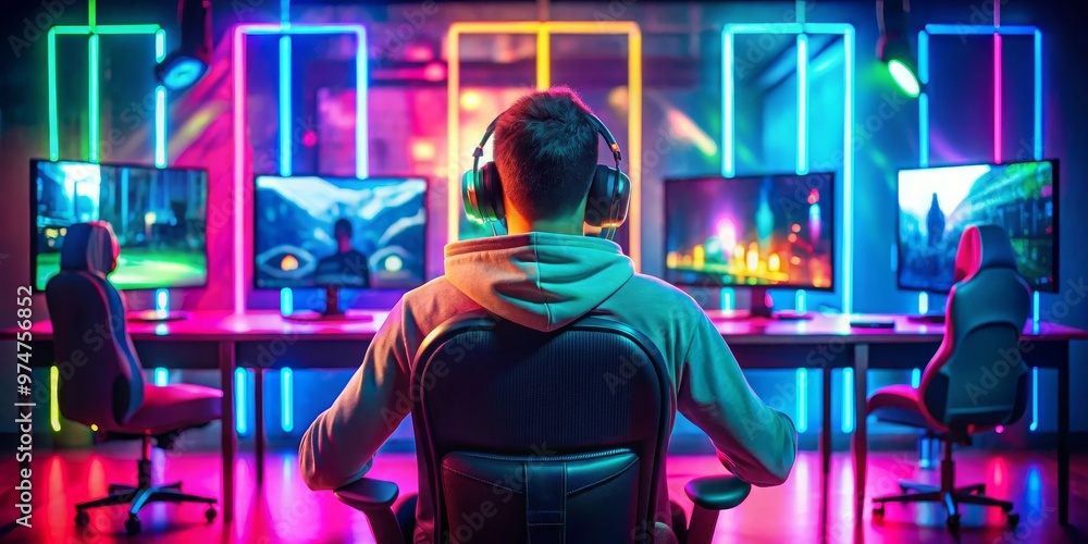 Gamer in Neon Lit Room, Back View, 3 Monitors, Gaming Chair, Headphones, Neon Lights, RGB Gamer in Neon Lit Room, Back View, 3 Monitors, Gaming Chair, Headphones, Neon Lights, RGB