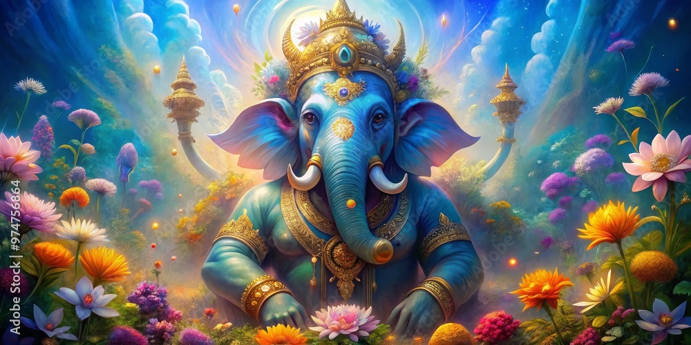 Ganesha Amidst a Vibrant Floral Paradise, Digital Painting, Colorful Flowers, Hindu Deity, Ganesha Art, Hinduism, Mythology Ganesha Amidst a Vibrant Floral Paradise, Digital Painting, Colorful Flowers, Hindu Deity, Ganesha Art, Hinduism, Mythology