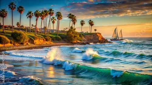 Warm sunlight illuminates turquoise waves crashing onto the scenic shores of Cabrillo Beach, California, where sailboats and palm trees line the tranquil coastal landscape. photo