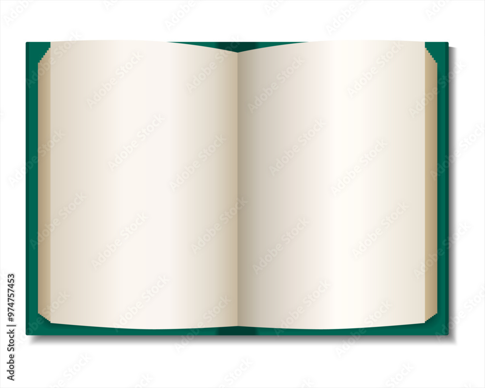 Two page spread of a green book. Realistic mockup open book in hardcover. Blank open book with shadows isolated on wight background. Top view. Vector illustration Two page spread of a green book. Realistic mockup open book in hardcover. Blank open book with shadows isolated on wight background. Top view. Vector illustration