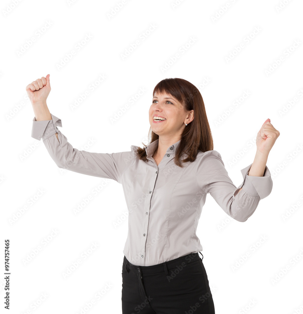 I did it! A smiling young lady on white background I did it! A smiling young lady on white background