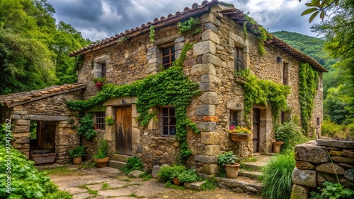 Weathered, earth-toned exterior of a rustic stone house with crumbling mortar and lichen-covered walls, surrounded by lush greenery and overgrown vines.