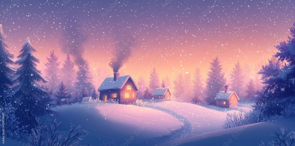 Fototapeta premium Cozy Cabins Nestled in a Snowy Forest Under a Pink and Purple Sky