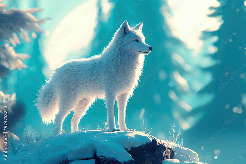 A White Wolf Stands on a Snowy Rock Against a Blurred Background of Trees A White Wolf Stands on a Snowy Rock Against a Blurred Background of Trees