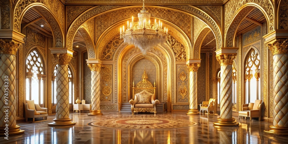 Golden Throne Room with Ornate Columns and Chandelier, 3D Render, Interior Design, Luxury, Palace ,golden throne room, 3d rendering Golden Throne Room with Ornate Columns and Chandelier, 3D Render, Interior Design, Luxury, Palace ,golden throne room, 3d rendering