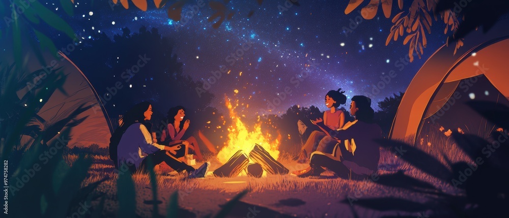 Group of Friends Enjoying a Campfire Under a Starry Night Sky in a Scenic Outdoor Setting Group of Friends Enjoying a Campfire Under a Starry Night Sky in a Scenic Outdoor Setting