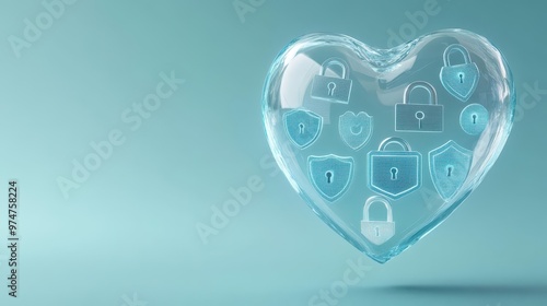 A glass heart floating with symbols of cybersecurity, such as digital locks and shields photo