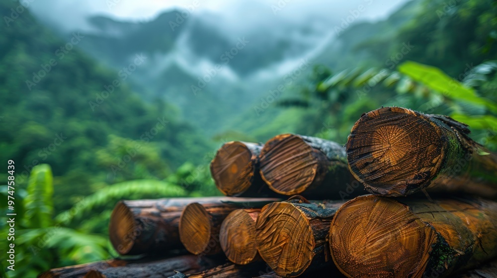 Stack of logs in a lush green forest with misty mountains in the background. Stack of logs in a lush green forest with misty mountains in the background.