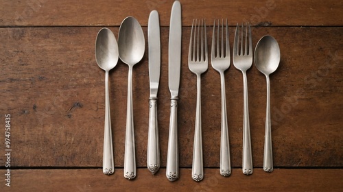 Spoons on the wooden table, cutlery on the wooden table.