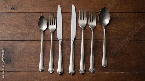 Spoons on the wooden table, cutlery on the wooden table.