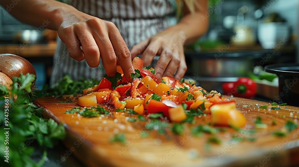 Woman Preparing Chopped Vegetables in Kitchen Woman Preparing Chopped Vegetables in Kitchen