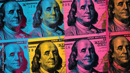 Pop art, American dollar bills with the portrait of Benjamin Franklin on each bill in different colors
