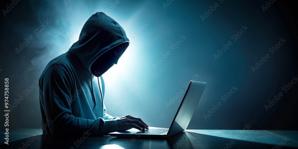 Hooded Figure Using Laptop in a Dimly Lit Room, Laptop, Cybersecurity, Privacy Hooded Figure Using Laptop in a Dimly Lit Room, Laptop, Cybersecurity, Privacy