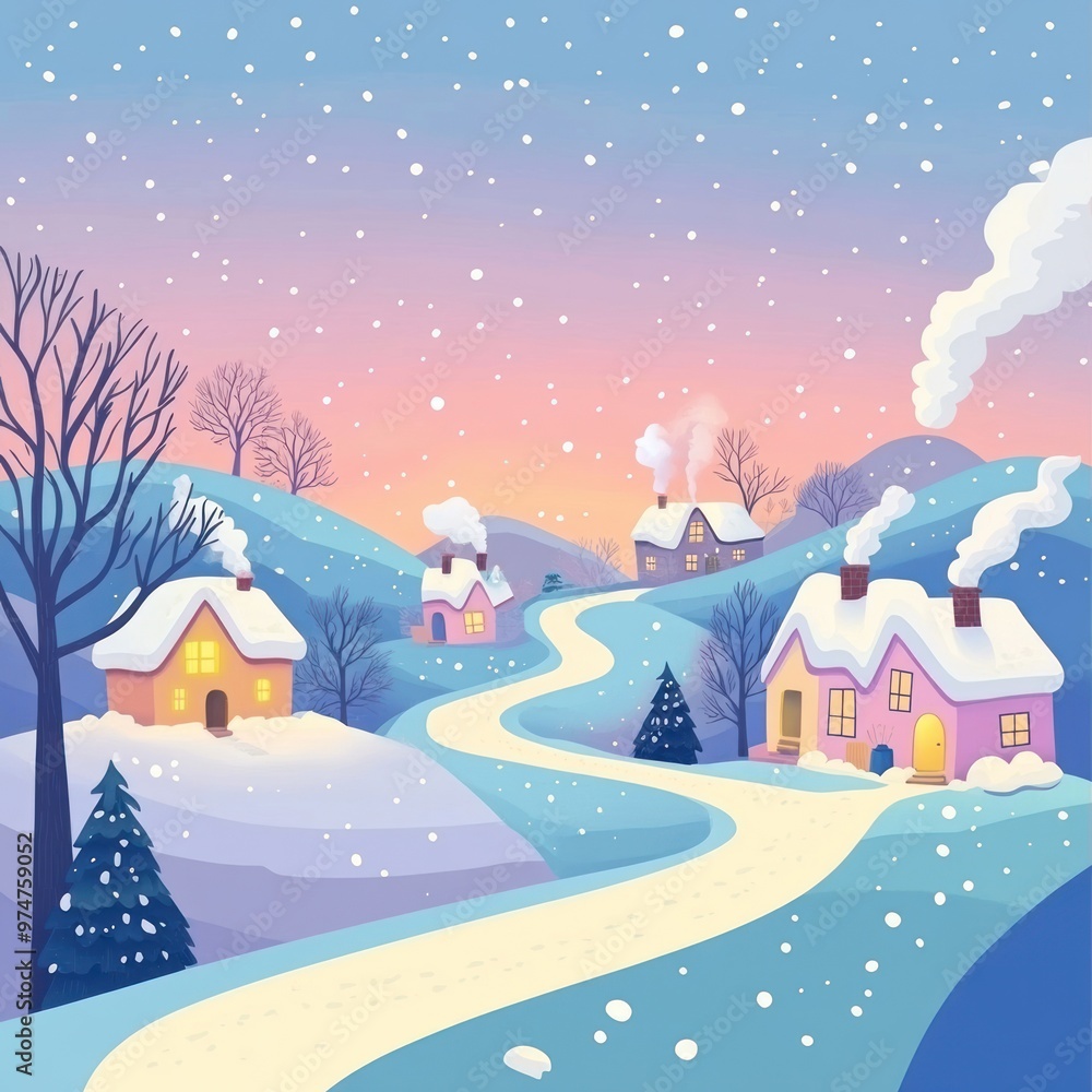 Naklejka premium Snowy Winter Landscape with Houses and a Winding Road