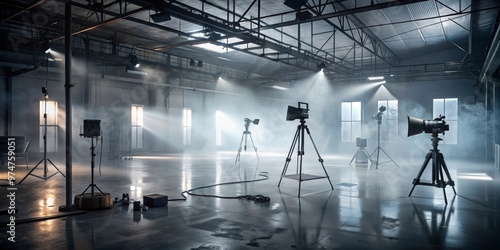 Industrial Studio Setup with Fog and Light Beams, Filmmaking, Production, Camera Equipment