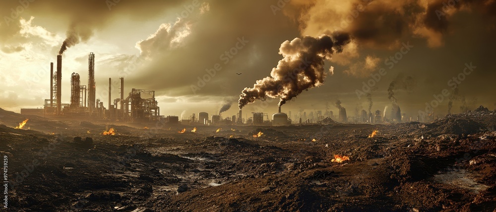 Fototapeta premium Industrial Landscape with Factories Emitting Smoke and Flames in a Polluted Environment Under a Dramatic Sky