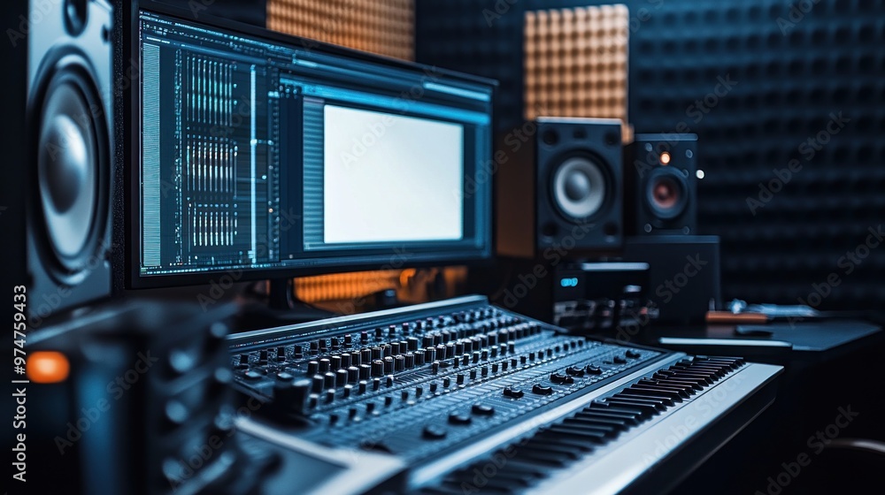 Fototapeta premium A modern music studio featuring a keyboard, audio interface, and speakers for sound production.