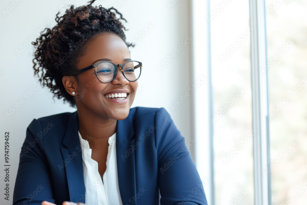 An Afro-American businesswoman in her 30s, wearing glasses, is happily smiling while sitting in her office in front of a window. An Afro-American businesswoman in her 30s, wearing glasses, is happily smiling while sitting in her office in front of a window.