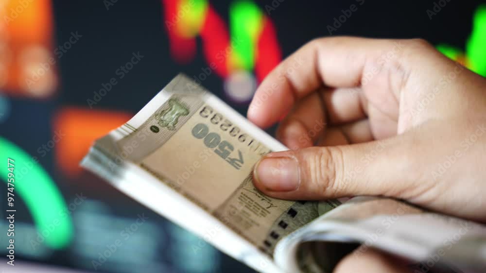 Counting Indian 500 rupee currency against stock market graph Counting Indian 500 rupee currency against stock market graph