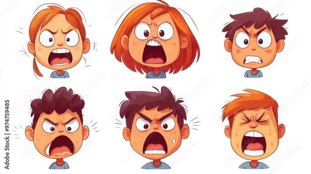 Characters in different emotional states such as worry, anger, and excitement, with clear expressions and simple, sharp lines, white background Characters in different emotional states such as worry, anger, and excitement, with clear expressions and simple, sharp lines, white background