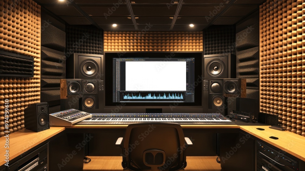 A modern music studio with soundproofing and audio equipment for recording and mixing. A modern music studio with soundproofing and audio equipment for recording and mixing.