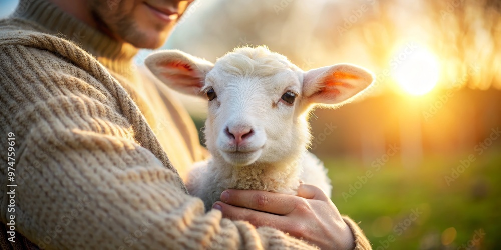 Man Holding a Lamb in His Arms, Close-up, Warm Light, Sheep, Lamb, Pasture Man Holding a Lamb in His Arms, Close-up, Warm Light, Sheep, Lamb, Pasture