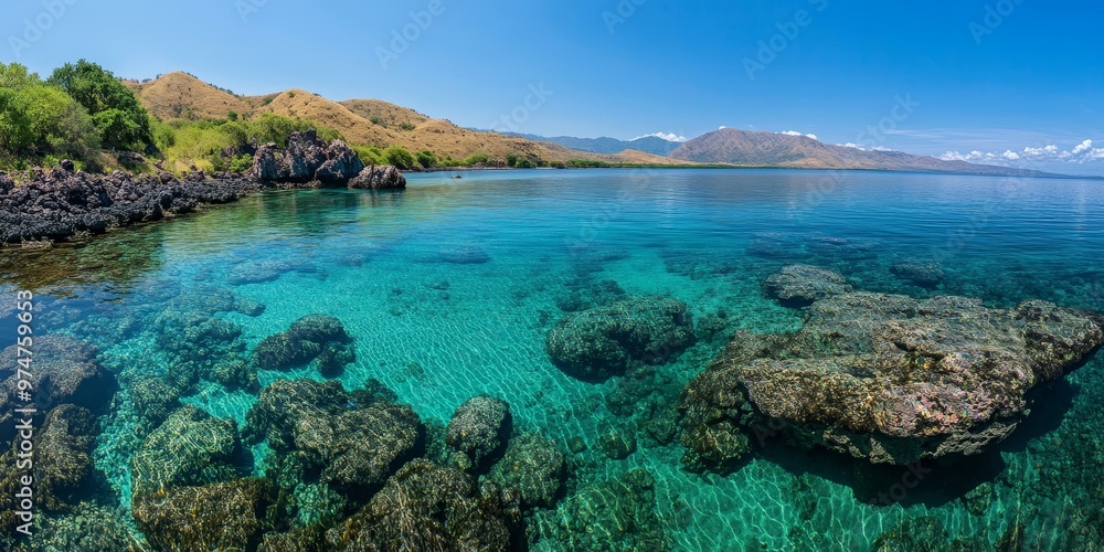 Fototapeta premium Clear blue water over rocky seabed.