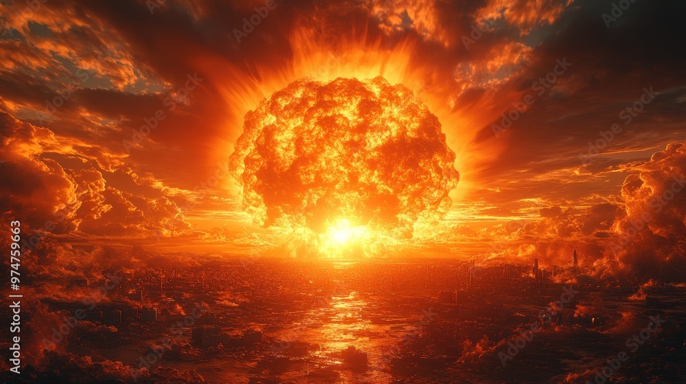 A dramatic nuclear explosion illuminating a fiery sky and landscape. A dramatic nuclear explosion illuminating a fiery sky and landscape.