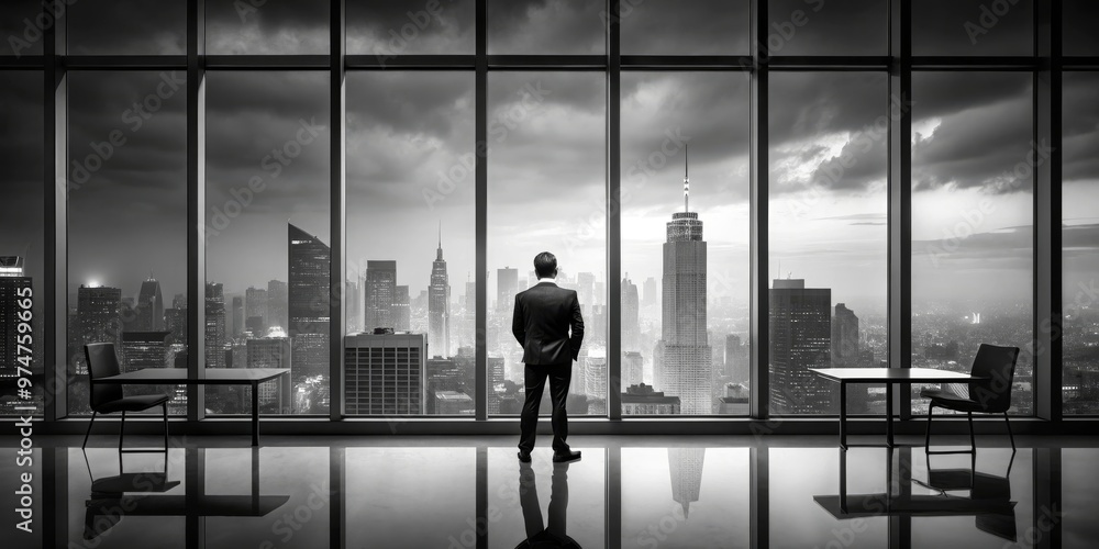 Man in Suit Gazing at Cityscape from Window, Black and White, Skyscraper View, Business, Success, Ambition, Reflection Man in Suit Gazing at Cityscape from Window, Black and White, Skyscraper View, Business, Success, Ambition, Reflection