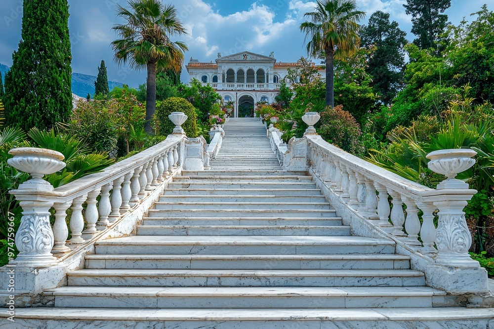White Marble Staircase Leading to a Building with Palm Trees and Greenery White Marble Staircase Leading to a Building with Palm Trees and Greenery