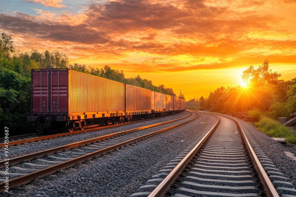 Obraz premium Vibrant sunset envelops freight train by railway tracks, evoking tranquil travel and transport vibes
