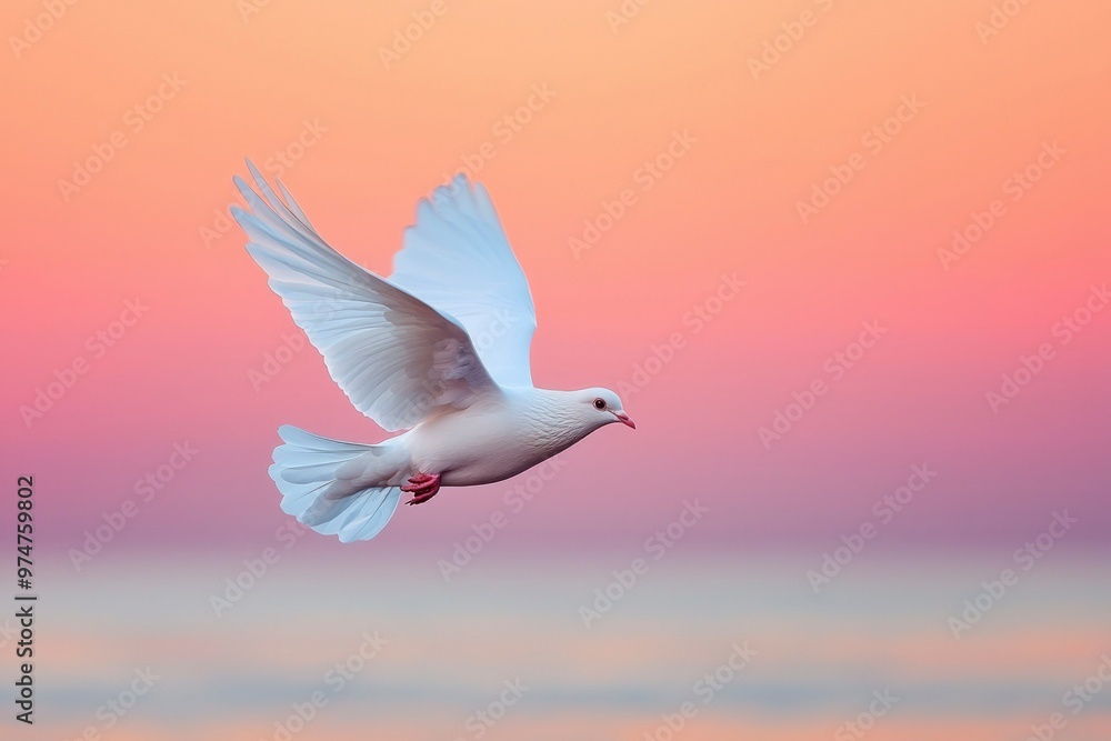 Fototapeta premium White Dove Soaring Through Pastel Sky at Sunset