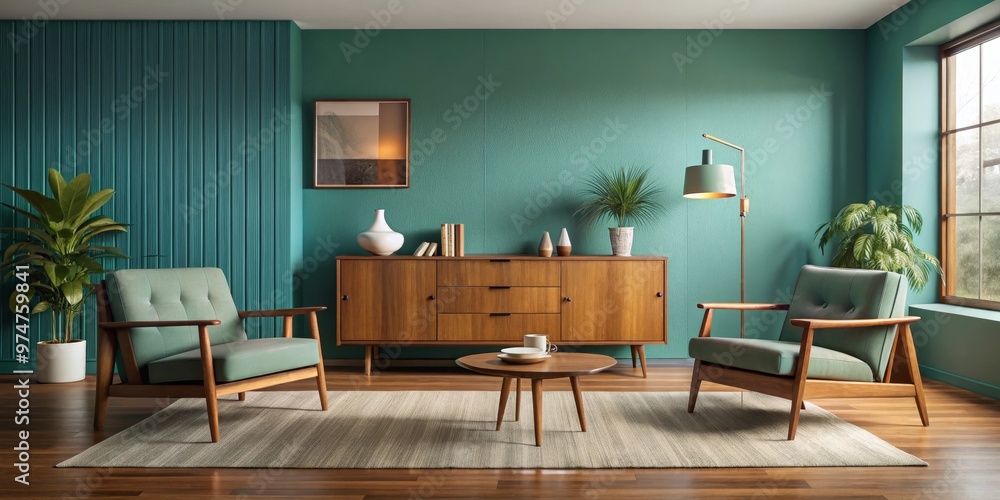 Fototapeta premium Mid-Century Modern Living Room with Green Walls and Wooden Furniture, Interior Design, Home Decor, Mid Century Modern, Living Room, Green Walls