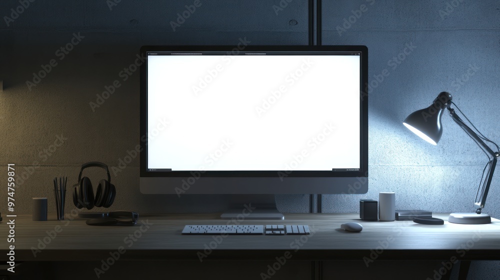 A modern workspace featuring a large monitor, keyboard, and accessories on a wooden desk. A modern workspace featuring a large monitor, keyboard, and accessories on a wooden desk.
