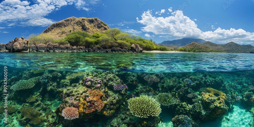 Island with a beach, clear water, and vibrant coral reefs. Island with a beach, clear water, and vibrant coral reefs.