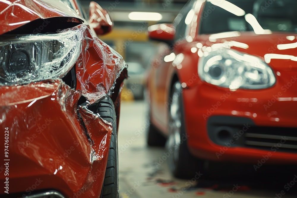 Fototapeta premium Close up view of damaged silver and red cars after collision in a bright workshop setting