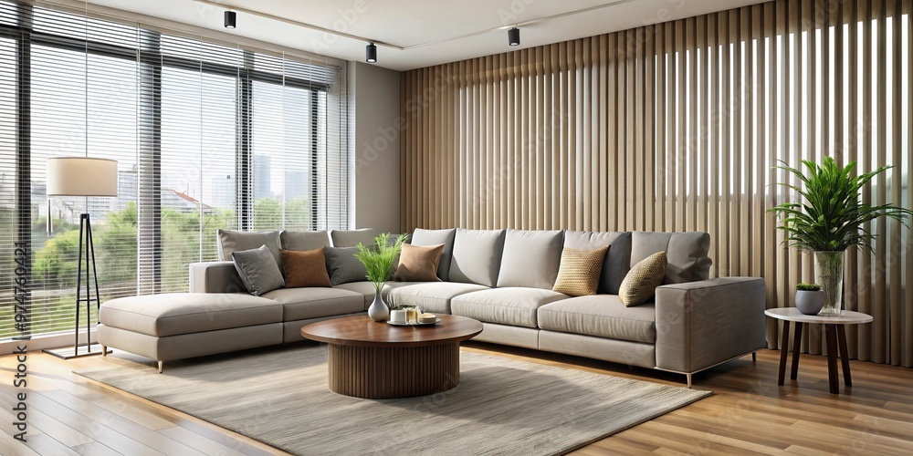 Modern Living Room Interior Design with Wooden Blinds and a Large Grey Sofa, 3D Rendered Image, Interior Design, Living Room, Home Decor Modern Living Room Interior Design with Wooden Blinds and a Large Grey Sofa, 3D Rendered Image, Interior Design, Living Room, Home Decor
